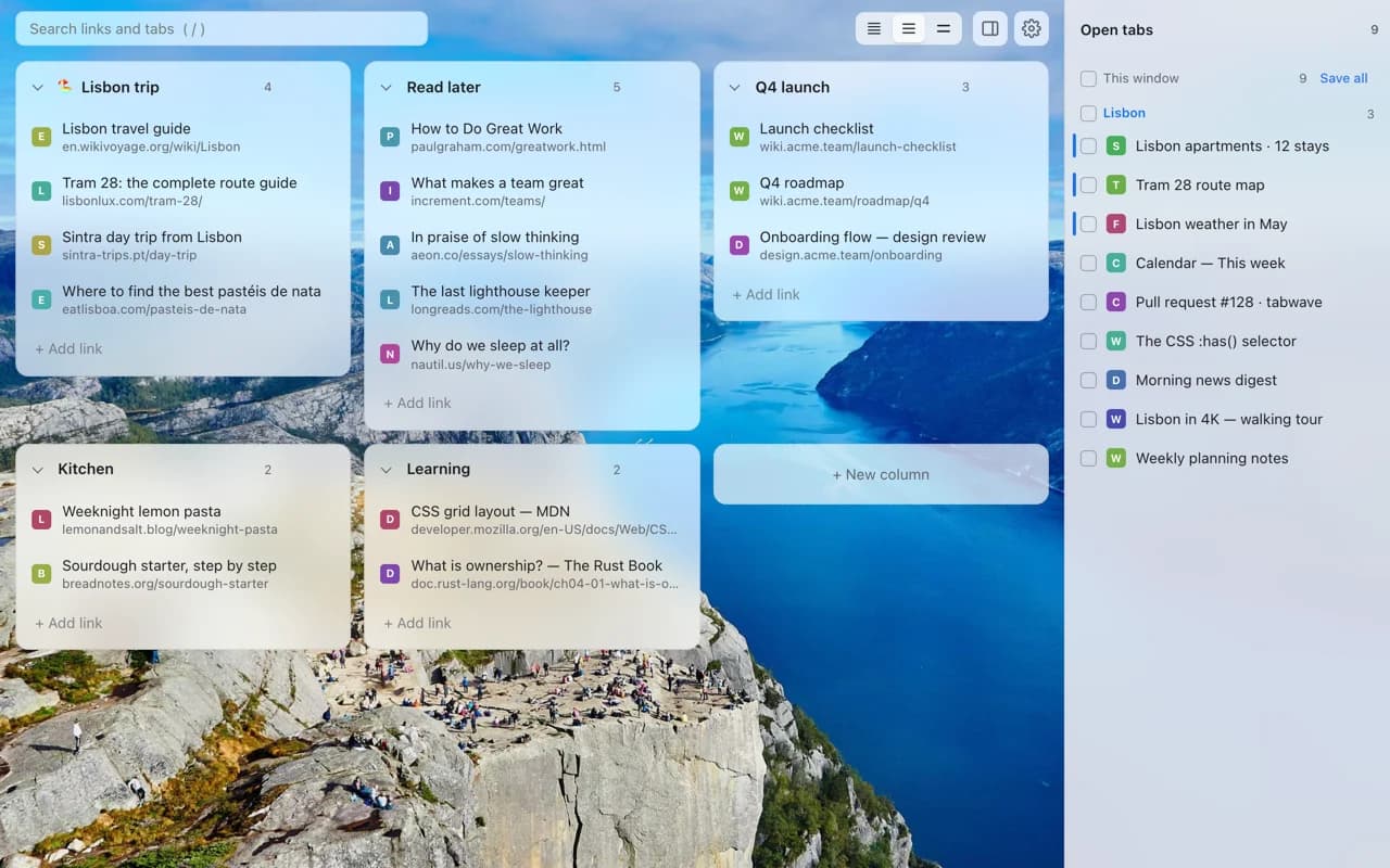 The TabWave new tab page: columns of saved links over a landscape photo, with the browser's open tabs listed on the right