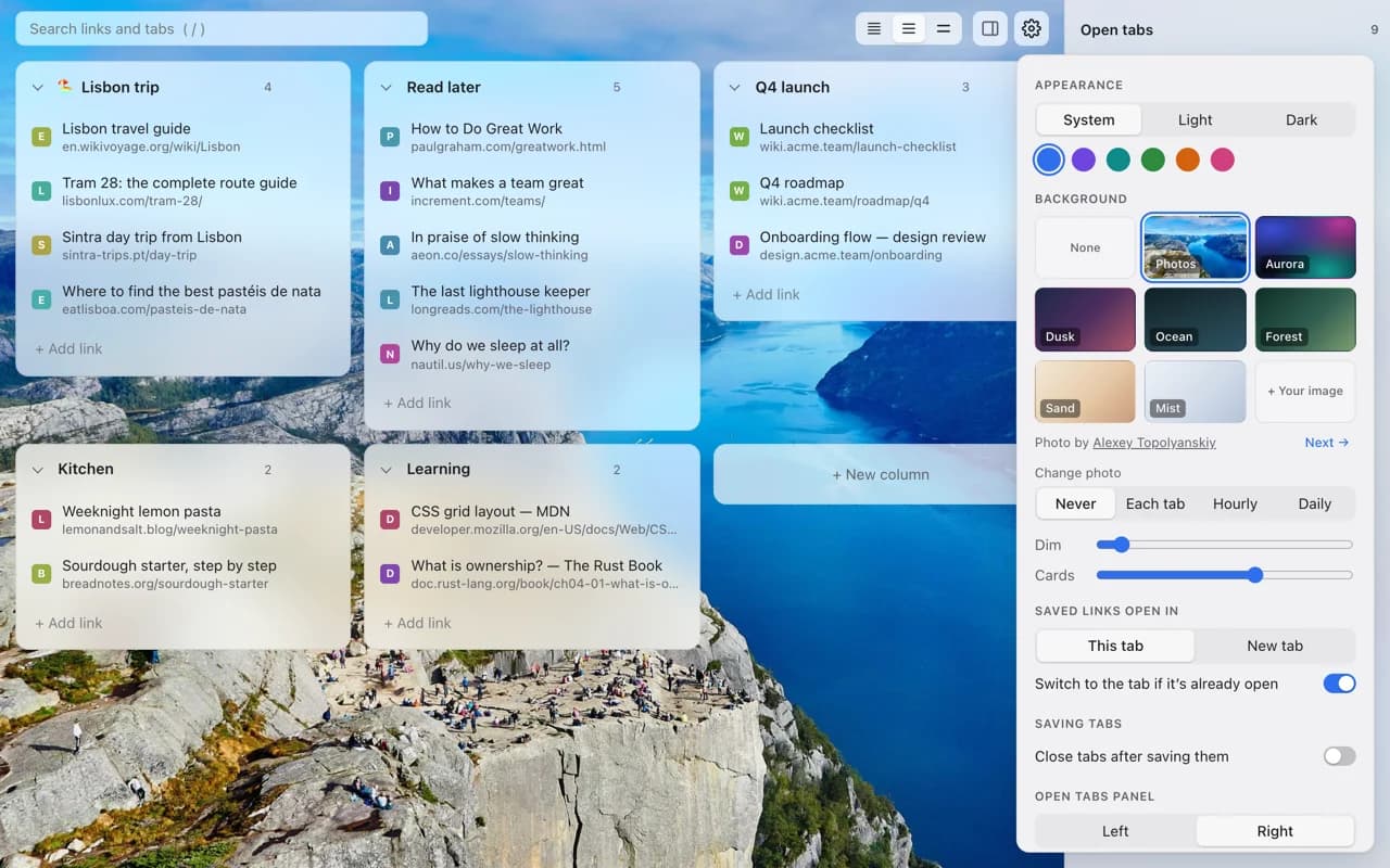 TabWave settings: theme, accent colors, photo and gradient backgrounds, and photo rotation